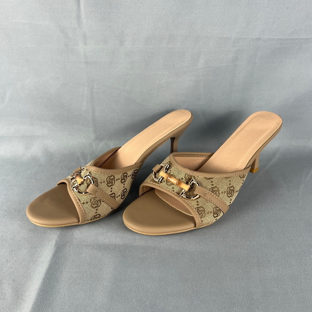 Shein Stilleto Hell Sandals Women 43 Beige Horsebit Metal Chain Peep Toe Slip On